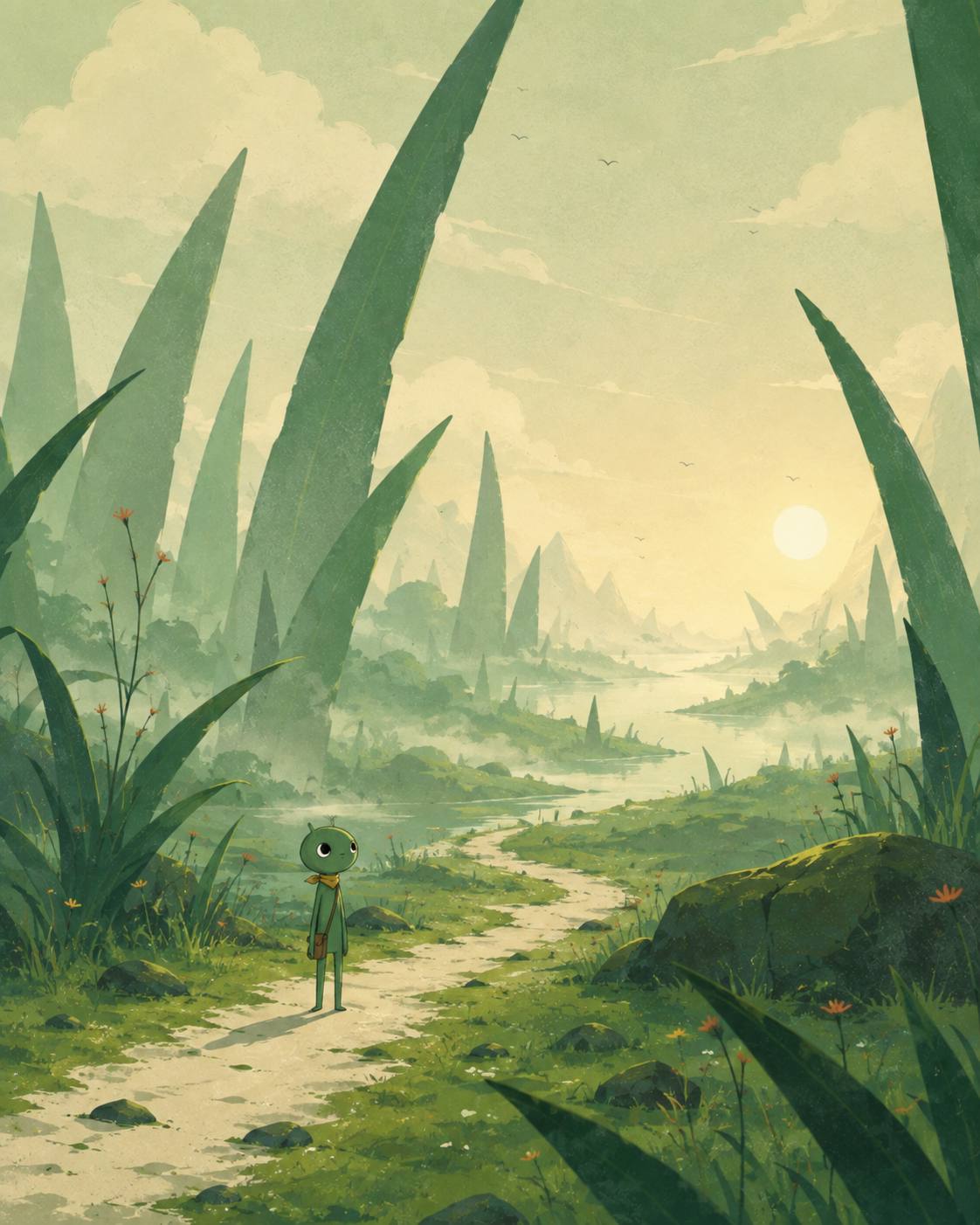 Buck standing on a winding path through a valley of giant grass blades